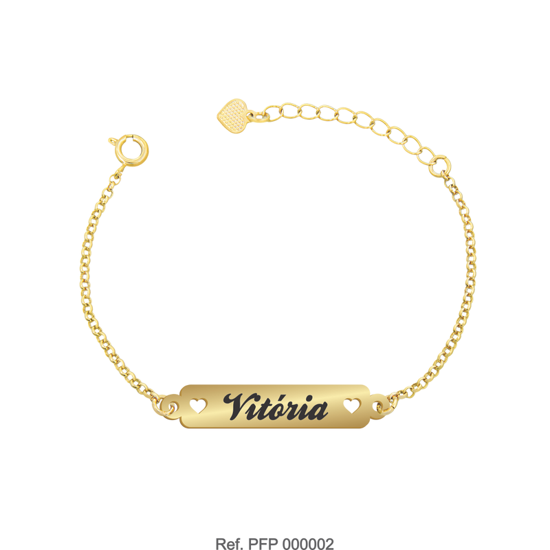 Pulseira Feminina Personalizada placa detalhes corações vazados